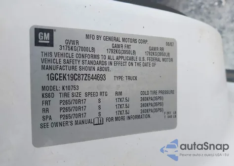 2007 Chevrolet Silverado 1500 Lt1 из США, поврежденный, VIN 1GCEK19C87Z644693